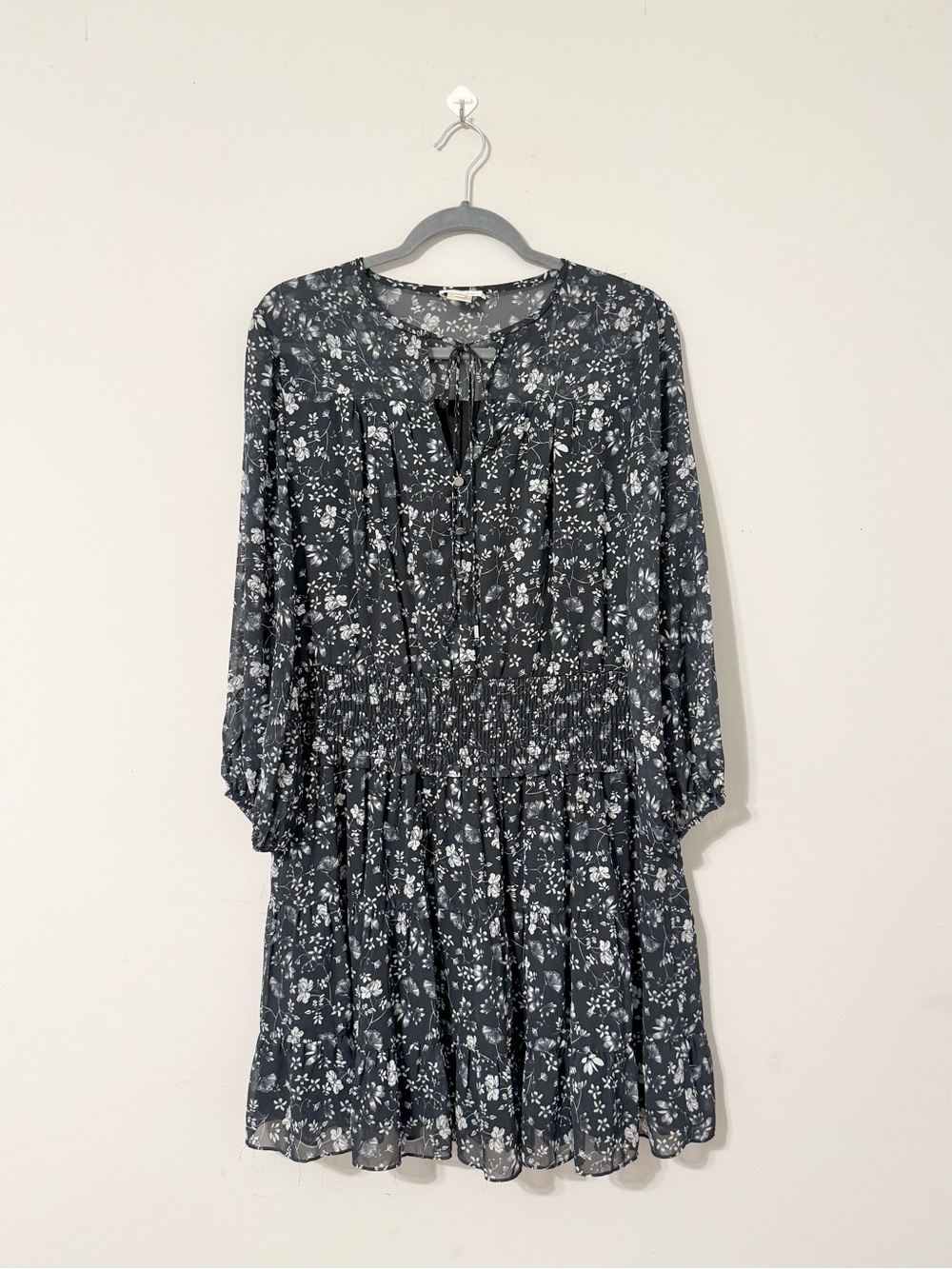 Anthropologie Shoshanna Black & White Smocked Floral Long Sleeve Dress
